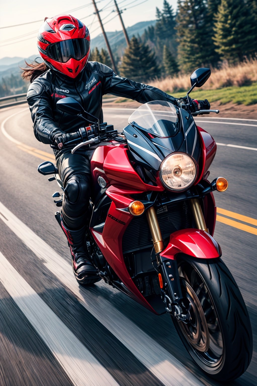 absurdres, highres, ultra detailed, (1girl:1.3), BREAK ,moter bike suit, motor,bike,Wheelie,The feeling of driving down the road at very high speed,Raise the front wheel of your motorcycle,Take a curve at a speed so fast that the motorcycle lies down,