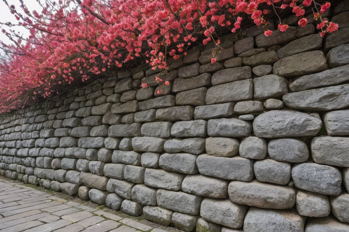 The red plum blossoms planted along the stone wall were also in full bloom.

Ultra-clear, Ultra-detailed, ultra-realistic, ultra-close up, Prevent facial distortion,