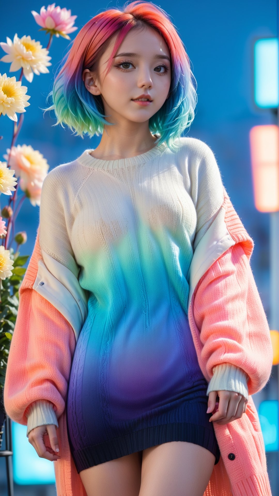 illustrator, anime , full body, realistic , sketch , 1girl, ,lip, Sweater,order, Blue gradient background, Neon hair,Textured crop, Canadian, (masterpiece,best quality) wearing wooly long dress and coat,  full body, flowers bloom and lighting bokeh as background,xxmix_girl