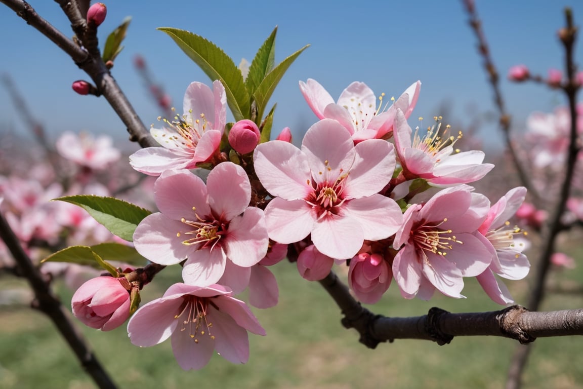 Peach blossoms are in full bloom in the orchard.

Ultra-clear, Ultra-detailed, ultra-realistic, ultra-close up, Prevent facial distortion,