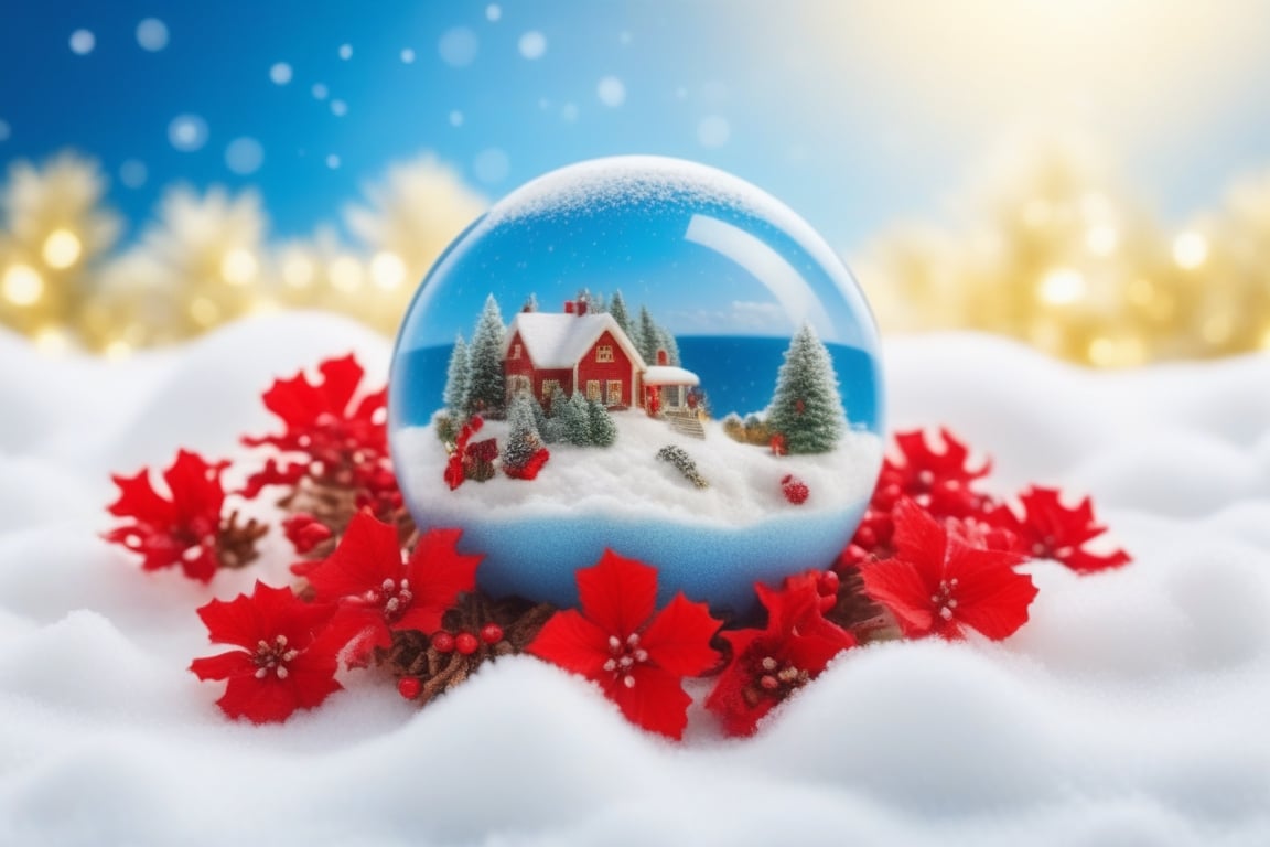 super fine illustration,masterpiece, best quality, finely detail, Depth of field, 4k, heavy snow christmas island in globe, heavy snow, red and white colors based, wallpaper,bluesky,wind,insanely detailed frills,extremely detailed lace,BLUE SKY,There are many scattered luminous petals,Hidden in the light yellow flowers,Depth of field, Many flying drops of water, angle ,contour deepening,cinematic angle ,{{{Classic decorative border}}},photo r3al