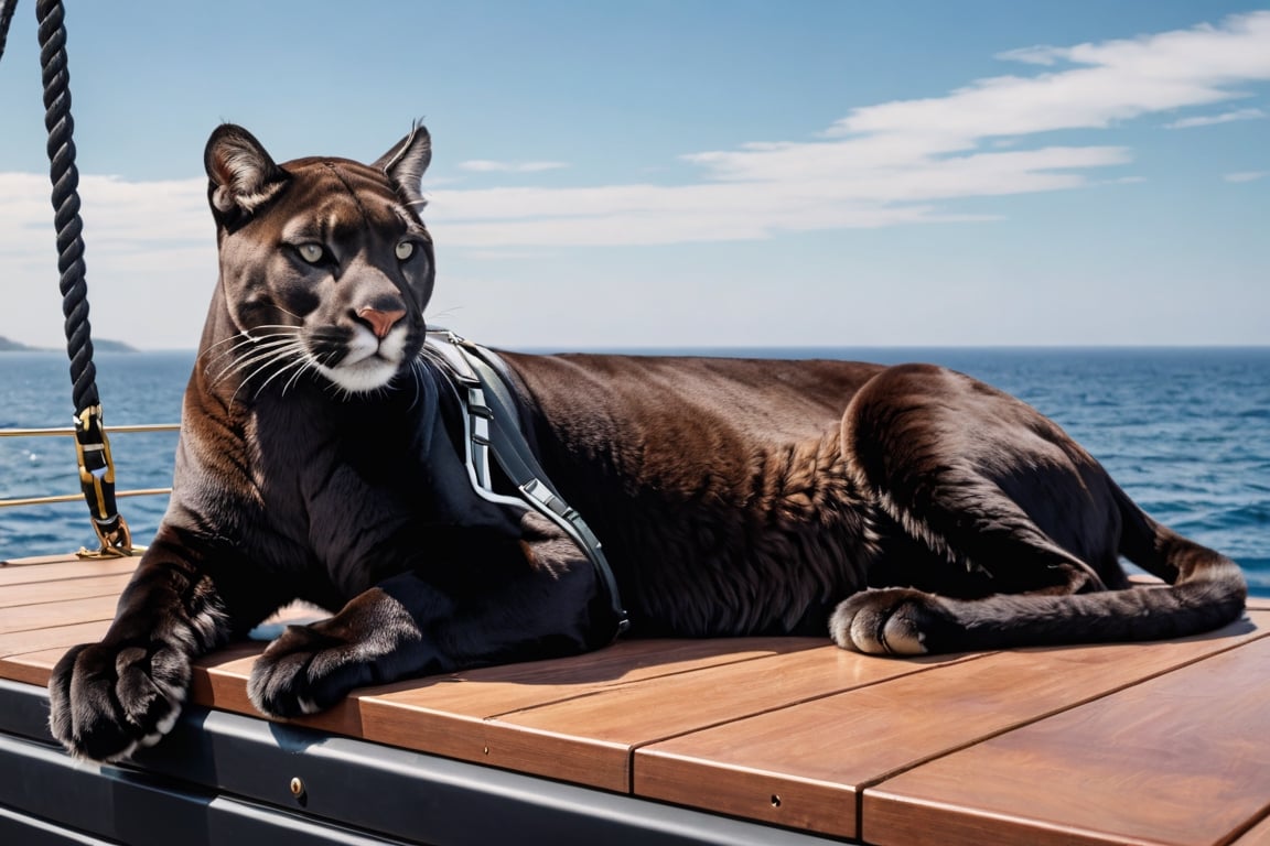 A black cougar wearing a harness is resting in a very comfortable position on the deck of a large power yacht.
(((Perfectly black puma: 2.0))), 


best quality, masterpiece, photorealistic,  highres, Ultra-detailed, ultra-realistic, ultra-clear, very Distant view.,Ivi