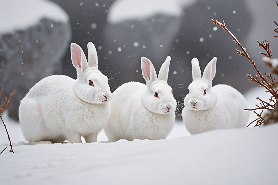 Perfectly white arctic rabbits are hiding and on guard
laughing, 
There is a blizzard so severe that visibility is obscured nearby.

close-up photography, Ultra-detailed, ultra-realistic, full body shot, Distant view