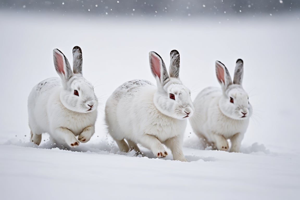 Perfectly white Arctic rabbits are running quickly across the snow field.
laughing, 
There is a blizzard so severe that visibility is obscured nearby.

close-up photography, Ultra-detailed, ultra-realistic, full body shot, Distant view