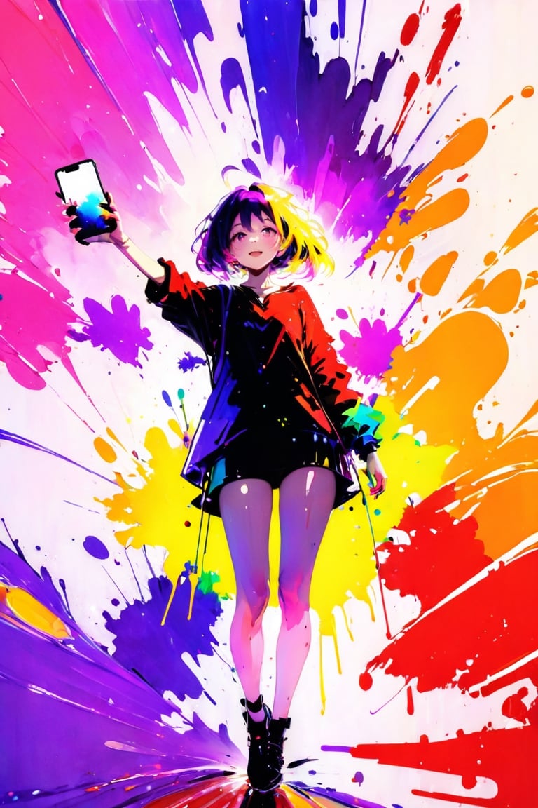 young girl, adolescent, energetic, joyous, selfie, taking selfie, phone camera app, outline, angle downwards, v shape hand pose, cute, adorable, sexy, suggestive outfit, paint splash background, vibrant paint, high contrast, abstract, volumetric light, high quality, detailed, masterpiece