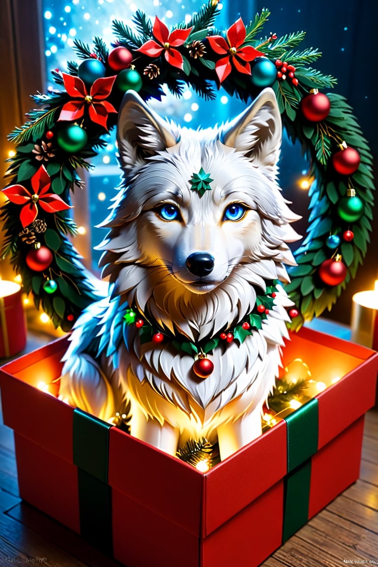 a wolf wearing Christmas wreath,Apoloniasxmasbox,xxmix_girl