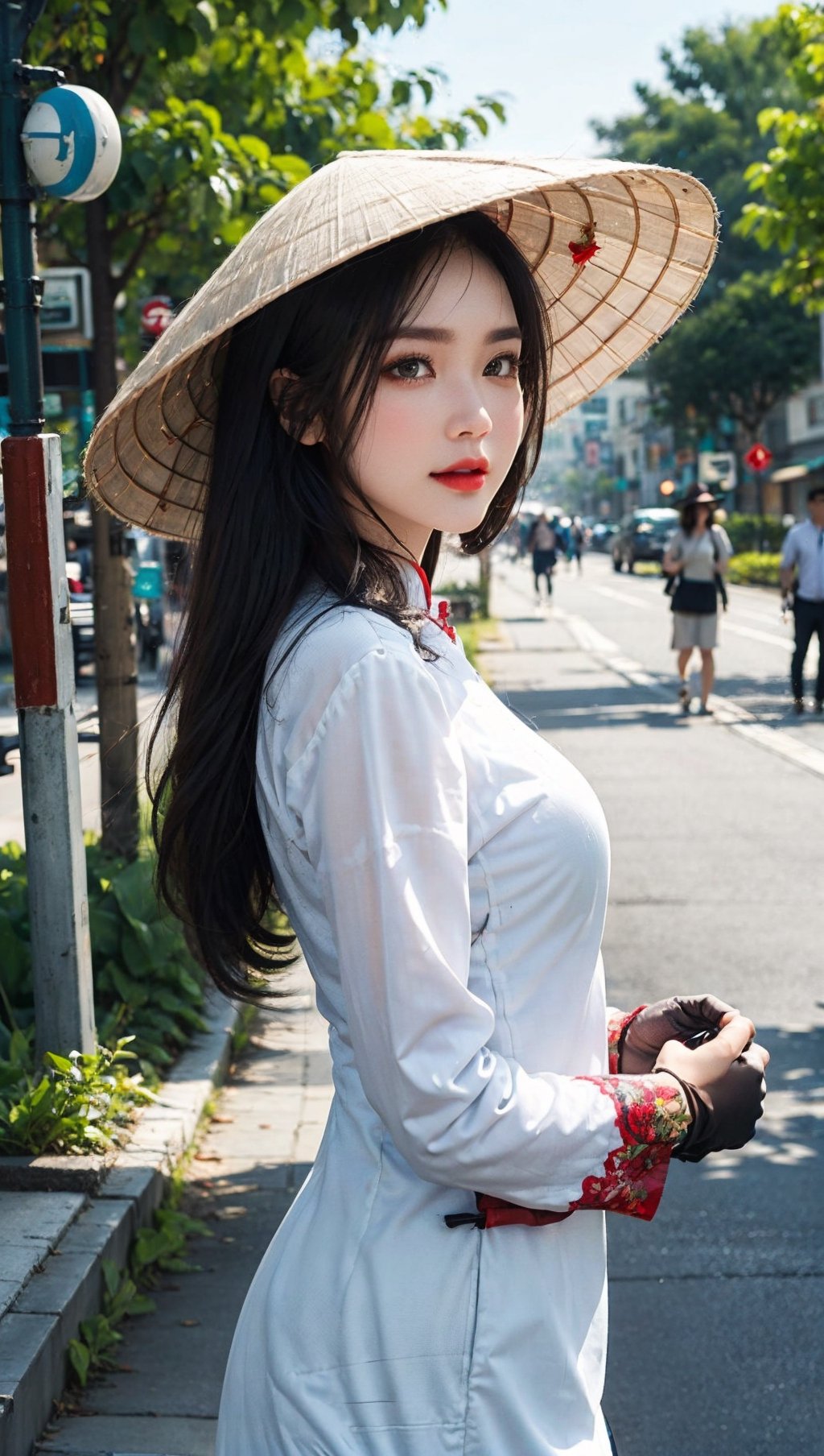 JinxLol,mature female,1girl, solo,looking at viewer, gloves, fingerless gloves, Ao Dai,Nón Lá, Nón, Leaf hats,
character name, looking at viewer, outdoors,lora:JinxLolEp8dim8:1, lora:JinxLol:1,Vietnamese Ao Dai, JeeSoo ,futureaodai,hat,vnbeauty,The background is Ho Chi Minh City's traveler's street.