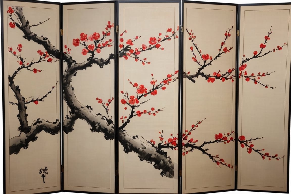 12-panel ink-and-wash painting folding screen depicting red plum blossoms,

Ultra-clear, Ultra-detailed, ultra-realistic, ultra-close up, Prevent facial distortion,