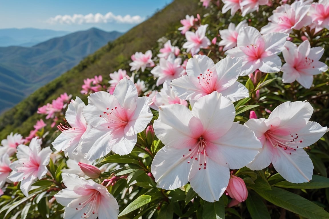 White and pink azaleas were in full bloom on the hill behind the mountain.
Ultra-clear, Ultra-detailed, ultra-realistic, ultra-close up, Prevent facial distortion,