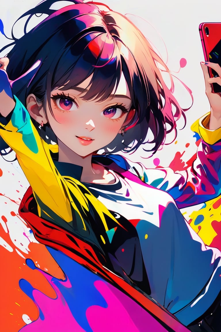 young girl, adolescent, energetic, joyous, selfie, taking selfie, phone camera app, outline, angle downwards, v shape hand pose, cute, adorable, sexy, suggestive outfit, paint splash background, vibrant paint, high contrast, abstract, volumetric light, high quality, detailed, masterpiece,girl,xxmix_girl