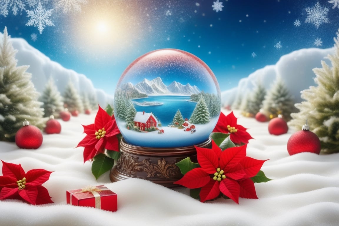 super fine illustration,masterpiece, best quality, finely detail, Depth of field, 4k, heavy snow christmas island in globe, ((heavy snow1.4)), red and white colors based, wallpaper,bluesky,wind,insanely detailed frills,extremely detailed lace,BLUE SKY,There are many scattered luminous petals,Hidden in the light yellow flowers,Depth of field, Many flying drops of water, angle ,contour deepening,cinematic angle ,{{{Classic decorative border}}},photo r3al,poinsettia,lofi,((1.2)),{{Hexagonal snow1.2}},free-hand, christmas gift boxes,DonMSn0wM4g1cXL,A girl dancing 