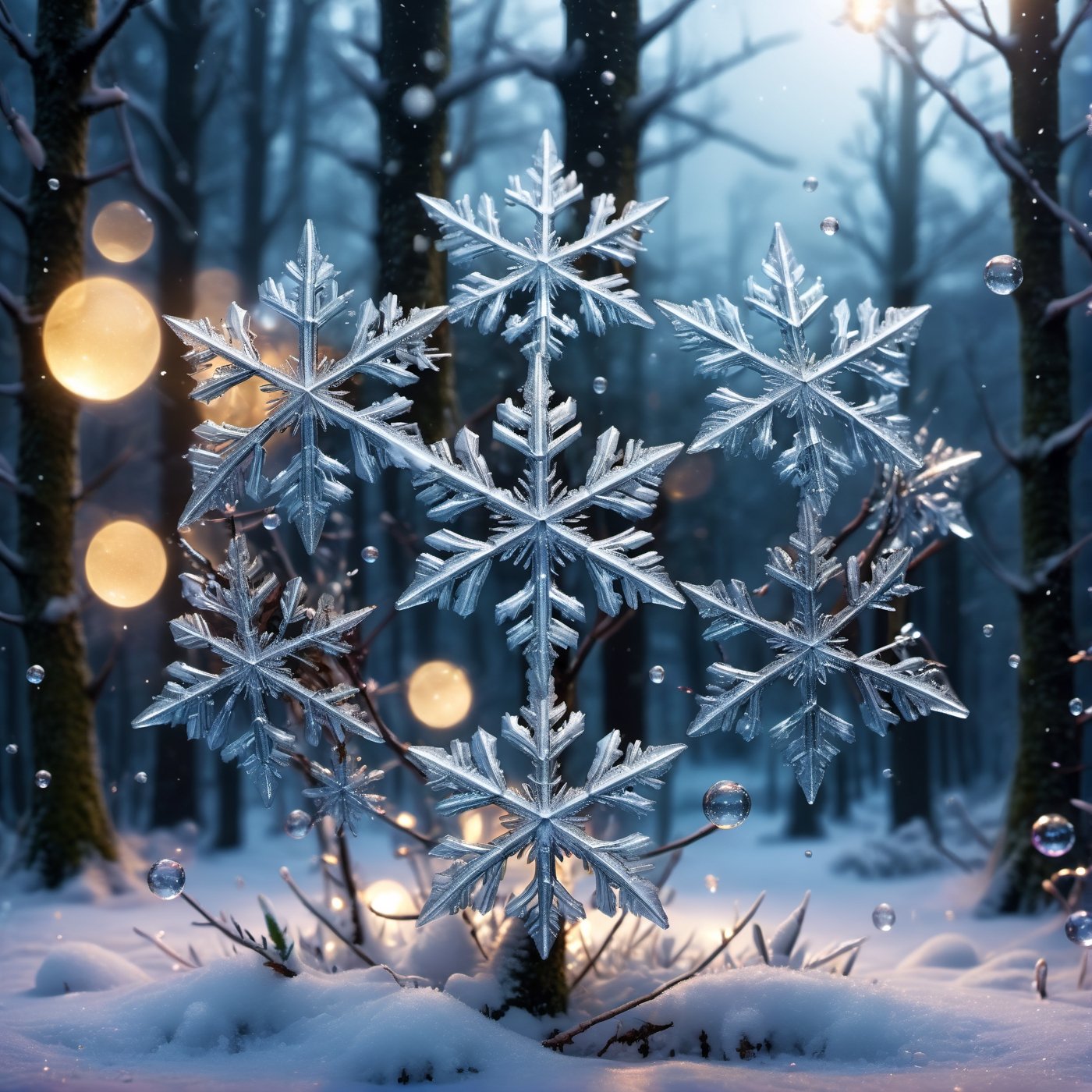 ((Extremely Realistic)) Raw shiny crystal snowflake bubbles in magical forest in night, photo, moviemaker style,cinematic moviemaker style,FilmGirl,more detail XL,very heavy snow