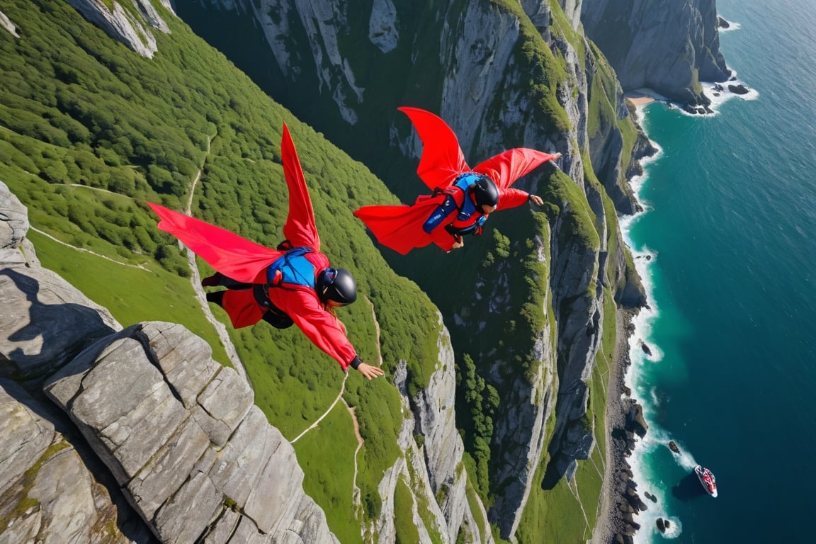 People flying between cliffs wearing wingsuits that extend from their backs to their arms like wings,  Wingsuit greatly af...