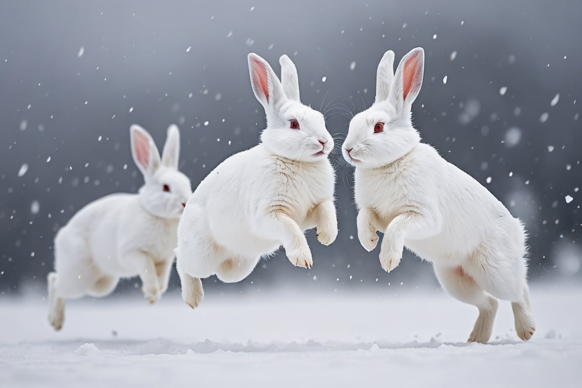 Perfectly white arctic rabbits jump.
laughing, 
There is a blizzard so severe that visibility is obscured nearby.

close-up photography, Ultra-detailed, ultra-realistic, full body shot, Distant view