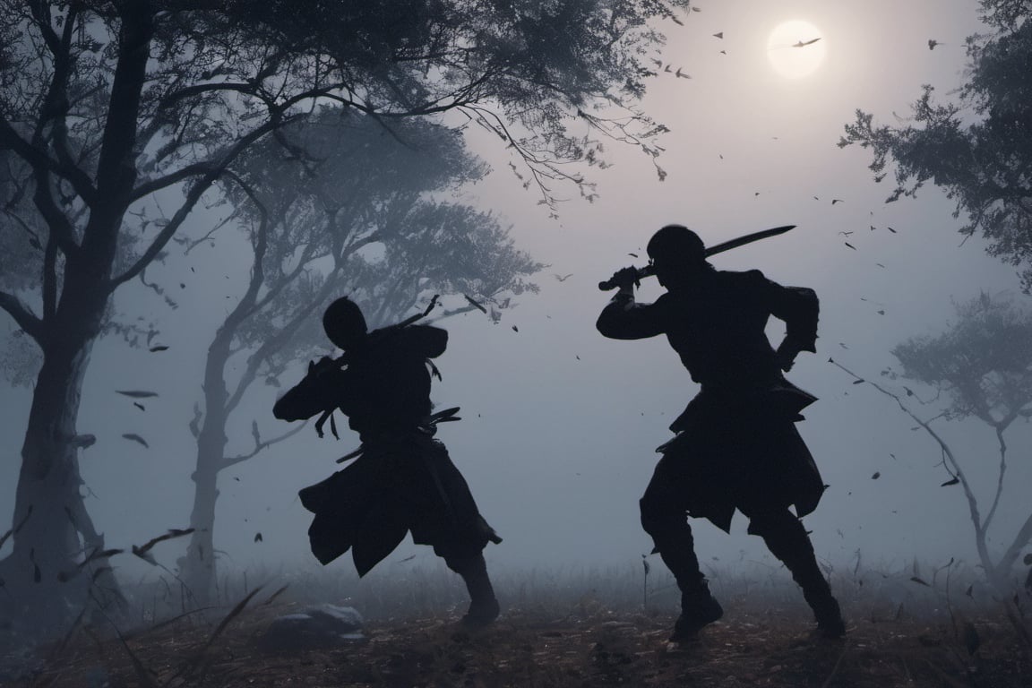 ((Silhouette:1.9)). it's too dark, without light. ((About 10 Assassins1.8)),((A swordsman wearing a wide-brimmed hat and masked About 10 assassins:1.8, crescent moon, grass. Two swordsmen are fighting among the long grass in a meadow with a crescent moon as thin as an eyebrow on a very pitch-black night in all directions1.8)). ((A swordsman flies into the air, wraps his hands around the handle of his sword, and makes a 45-degree downward slash motion. Another swordsman is making an urgent move to block the sword of another swordsman coming down1.5)). jump up and slash the sword. About 10 Assassins surround them.
There is a bit of fog around, reflecting the blue light of the black crescent moon of the swordsman striking, showing even more urgency.
((Silhouette:1.9)), distant view, 8K, ((gloomy, solemn, urgent, scary, speed:1.5)), birds flying away in surprise,Sketch,Storyboard