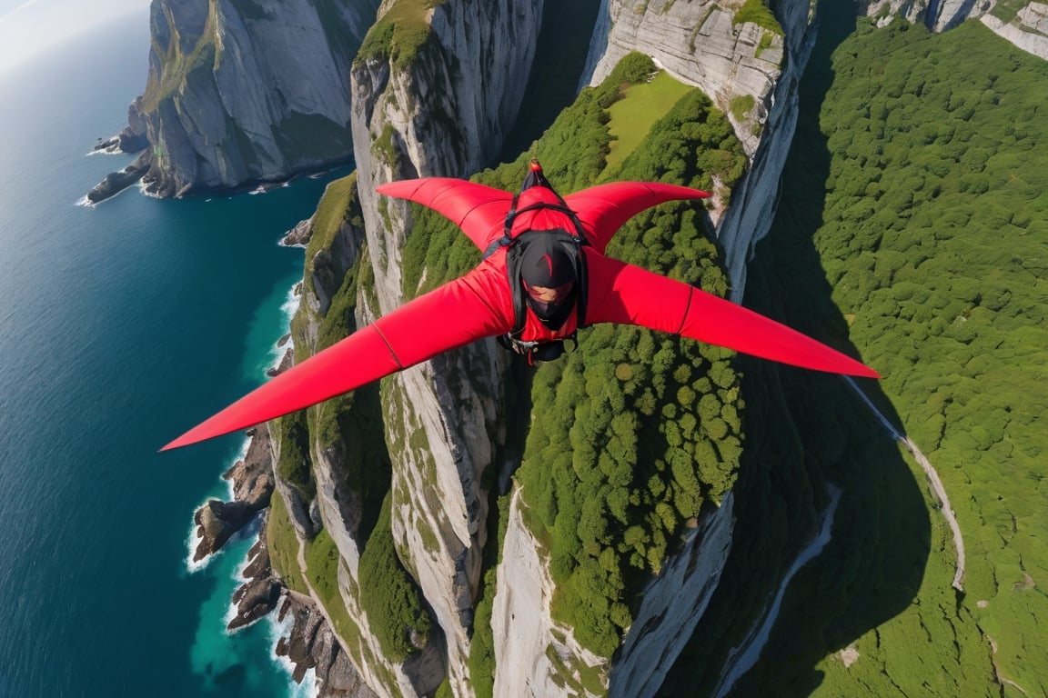 People flying between cliffs wearing wingsuits that extend from their backs to their arms like wings,  Wingsuit greatly af...