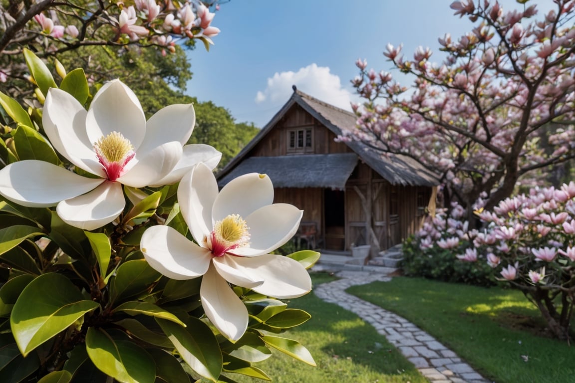 The magnolia flowers in front of the village are in full bloom.

Ultra-clear, Ultra-detailed, ultra-realistic, ultra-close up, Prevent facial distortion,