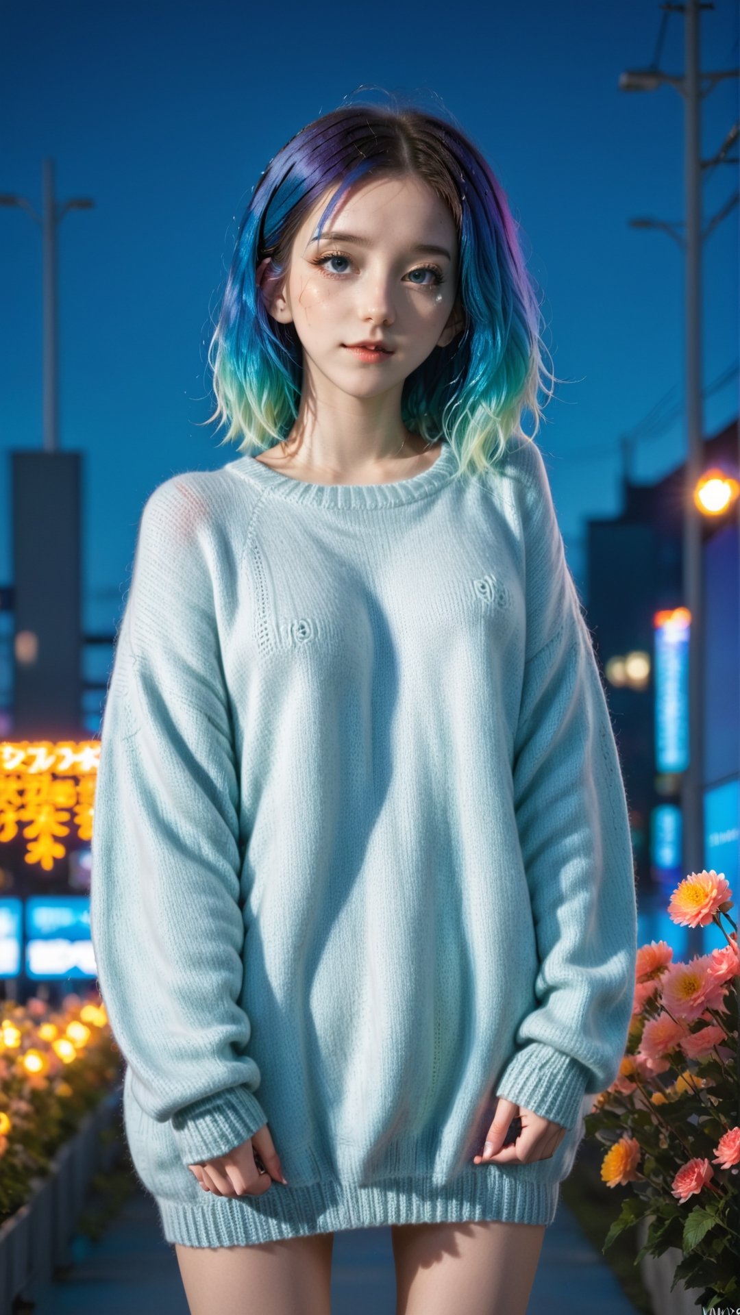 illustrator, anime , full body, realistic , sketch , 1girl, ,lip, Sweater,order, Blue gradient background, Neon hair,Textured crop, Canadian, (masterpiece,best quality) wearing wooly long dress and coat,  full body, flowers bloom and lighting bokeh as background,xxmix_girl,FilmGirl