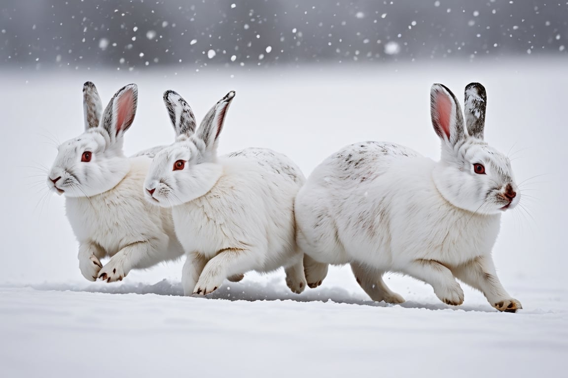 Perfectly white Arctic rabbits are running quickly across the snow field.
laughing, 
There is a blizzard so severe that visibility is obscured nearby.

close-up photography, Ultra-detailed, ultra-realistic, full body shot, Distant view