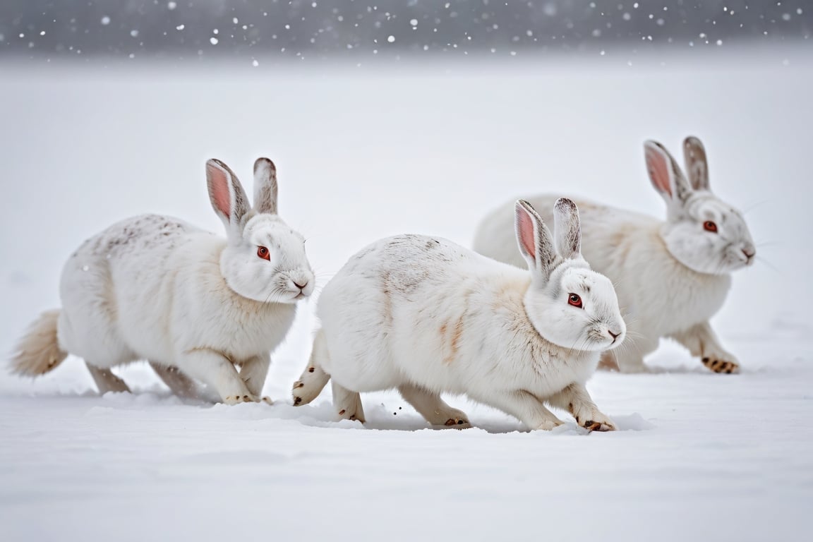 Perfectly white Arctic rabbits are running quickly across the snow field.
laughing, 
There is a blizzard so severe that visibility is obscured nearby.

close-up photography, Ultra-detailed, ultra-realistic, full body shot, Distant view