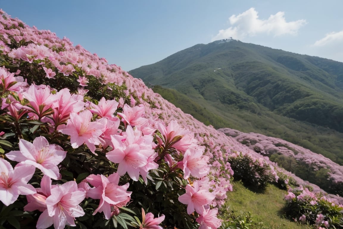 White and pink azaleas were in full bloom on the hill behind the mountain.
Ultra-clear, Ultra-detailed, ultra-realistic, ultra-close up, Prevent facial distortion,