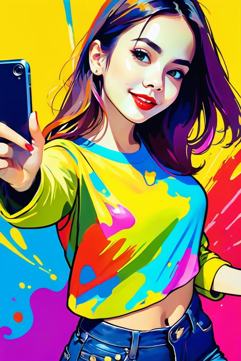 young girl, adolescent, energetic, joyous, selfie, taking selfie, phone camera app, outline, angle downwards, v shape hand pose, cute, adorable, sexy, suggestive outfit, paint splash background, vibrant paint, high contrast, abstract, volumetric light, high quality, detailed, masterpiece,girl