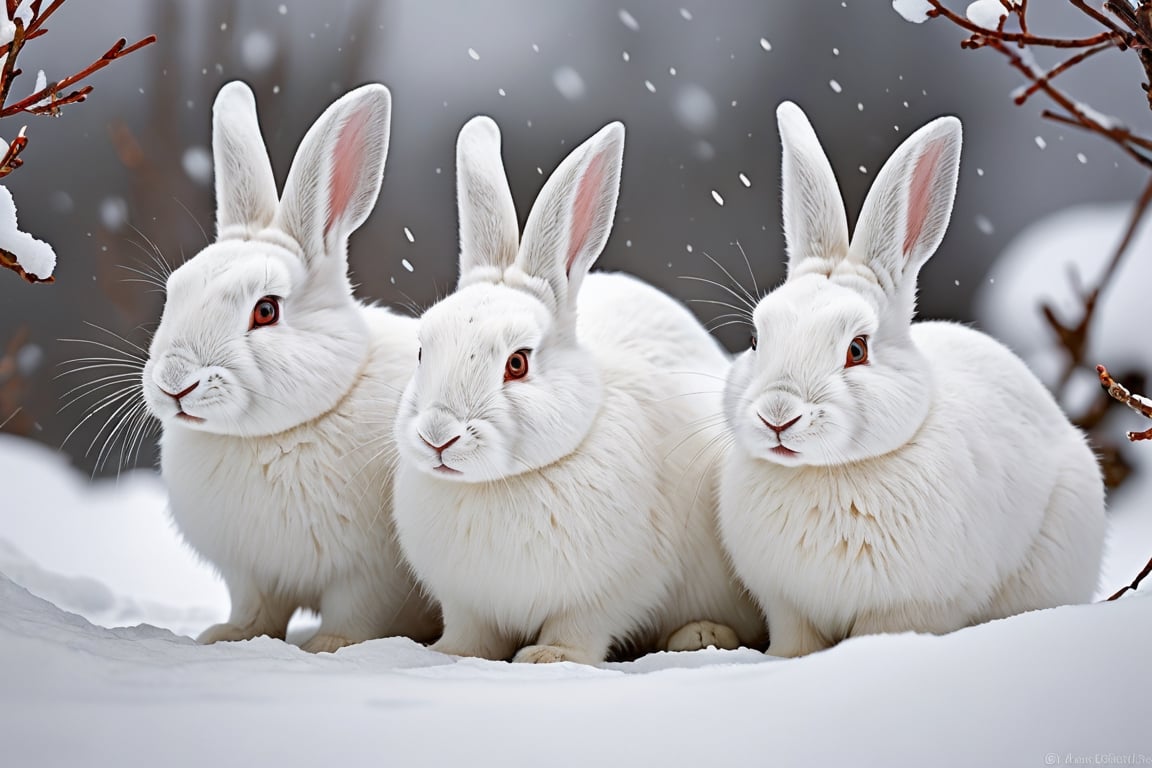 Perfectly white arctic rabbits are hiding and on guard
laughing, 
There is a blizzard so severe that visibility is obscured nearby.

close-up photography, Ultra-detailed, ultra-realistic, full body shot, Distant view