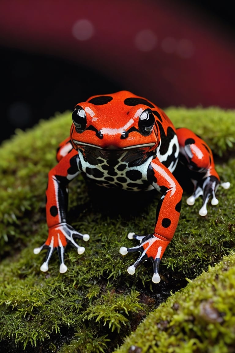 Lehmann's Poison Dart Frog, sitting on a mossy stone with flowing water, has a deep dark red background with its entire body, including its back and belly, with wide, black irregular spotted patterns like a band around the eyes and back.

Ultra close-up photography, Ultra-detailed, ultra-realistic,