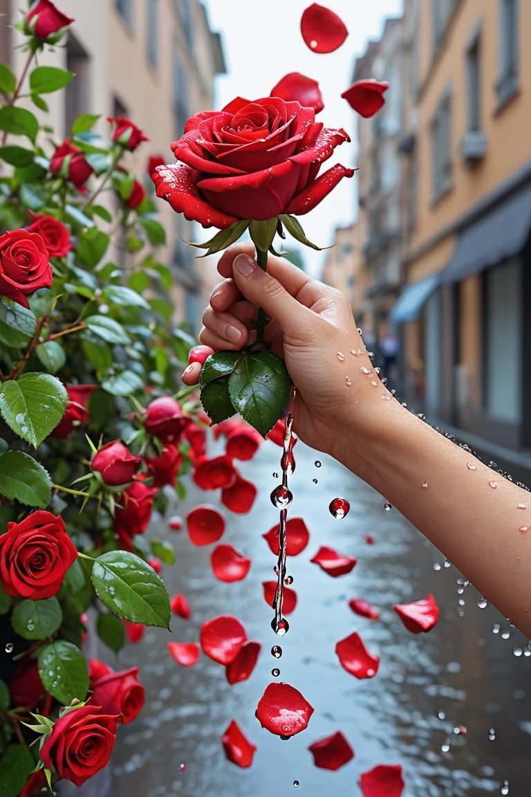 Red roses are falling like rain from the sky. The streets are full of red roses,  and people are happy to receive the fall...