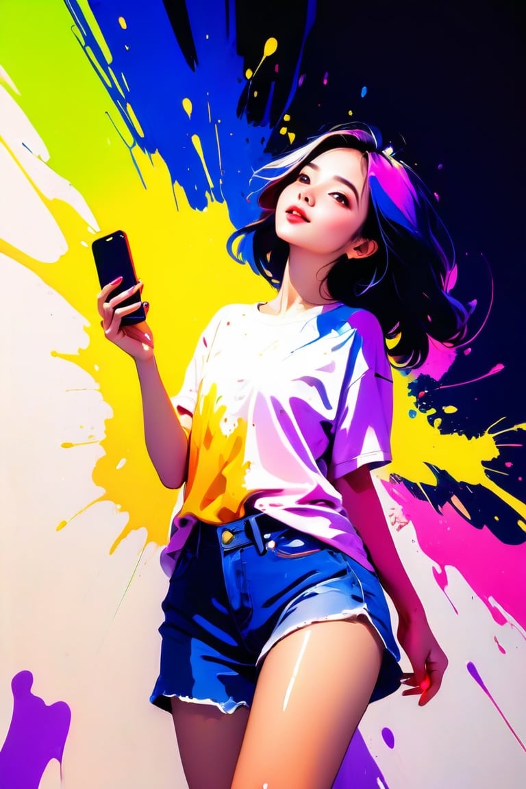 young girl, adolescent, energetic, joyous, selfie, taking selfie, phone camera app, outline, angle downwards, v shape hand pose, cute, adorable, sexy, suggestive outfit, paint splash background, vibrant paint, high contrast, abstract, volumetric light, high quality, detailed, masterpiece