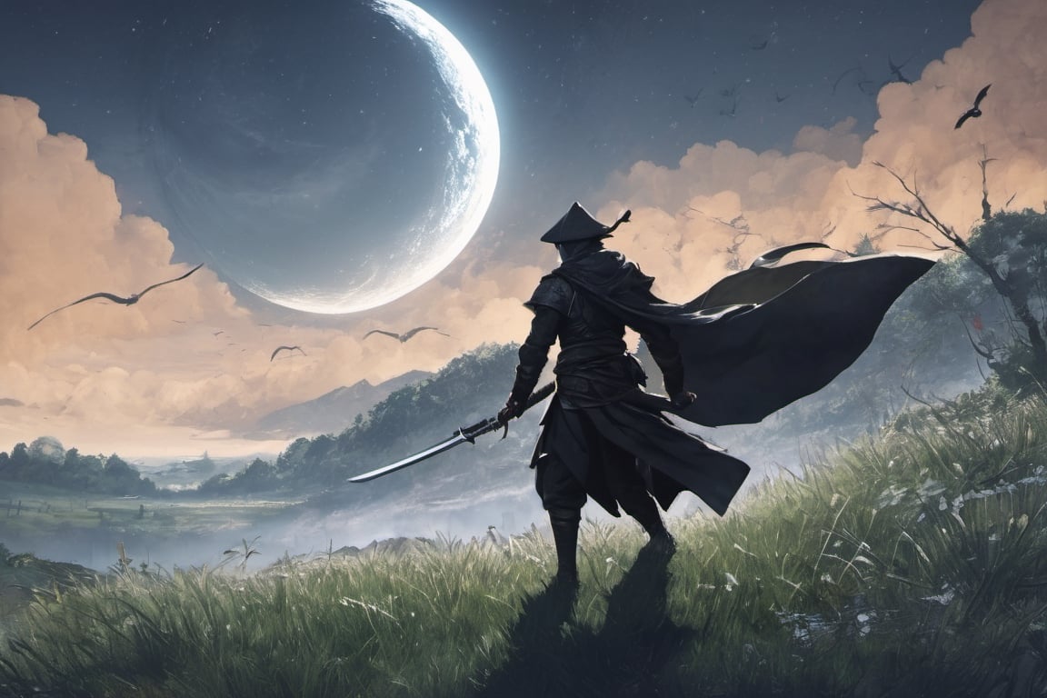 ((Silhouette1.8)). it's too dark, ((One swordsman and masked assassins:1.8, crescent moon, grass. Two swordsmen are fighting among the long grass in a meadow with a crescent moon as thin as an eyebrow on a very pitch-black night in all directions1.8)). ((A swordsman flies into the air, wraps his hands around the handle of his sword, and makes a 45-degree downward slash motion. Another swordsman is making an urgent move to block the sword of another swordsman coming down1.5)). jump up and slash the sword. About 10 Assassins surround them.
There is a bit of fog around, reflecting the blue light of the black crescent moon of the swordsman striking, showing even more urgency.
Silhouette, distant view, 8K, gloomy, solemn, urgent, scary, speed, birds flying away in surprise,Sketch