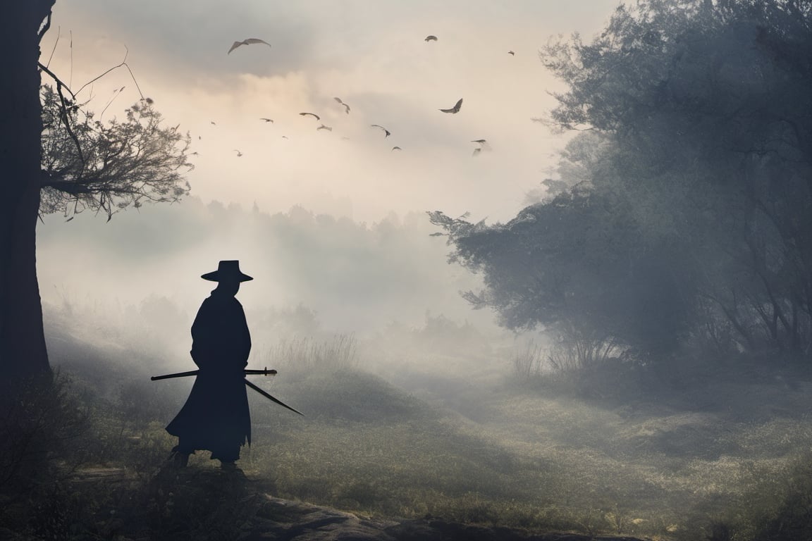 ((Silhouette:1.9)). it's too dark, little light. ((About 10 Assassins1.8)),((A swordsman wearing a wide-brimmed hat and masked About 10 assassins:1.8, crescent moon, grass. Two swordsmen are fighting among the long grass in a meadow with a crescent moon as thin as an eyebrow on a very pitch-black night in all directions1.8)). ((A swordsman flies into the air, wraps his hands around the handle of his sword, and makes a 45-degree downward slash motion. Another swordsman is making an urgent move to block the sword of another swordsman coming down1.5)). jump up and slash the sword. About 10 Assassins surround them.
There is a bit of fog around, reflecting the blue light of the black crescent moon of the swordsman striking, showing even more urgency.
((Silhouette:1.9)), distant view, 8K, gloomy, solemn, urgent, scary, speed, birds flying away in surprise,Sketch,Storyboard