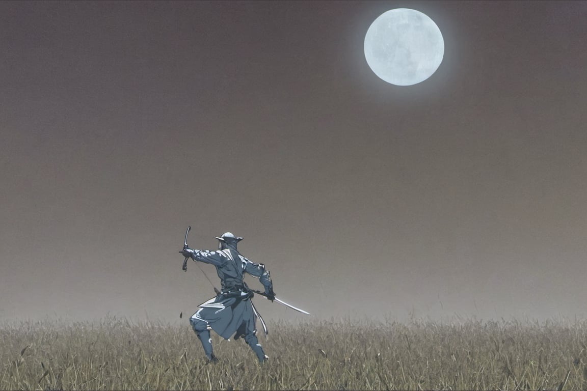 ((Silhouette1.8)). it's too dark, ((One swordsman and masked assassins:1.8, crescent moon, grass. Two swordsmen are fighting among the long grass in a meadow with a crescent moon as thin as an eyebrow on a very pitch-black night in all directions1.8)). ((A swordsman flies into the air, wraps his hands around the handle of his sword, and makes a 45-degree downward slash motion. Another swordsman is making an urgent move to block the sword of another swordsman coming down1.5)). jump up and slash the sword. Assassins surround them.
There is a bit of fog around, reflecting the blue light of the black crescent moon of the swordsman striking, showing even more urgency.
Silhouette, distant view, 8K, gloomy, solemn, urgent, scary, speed, birds flying away in surprise,Sketch