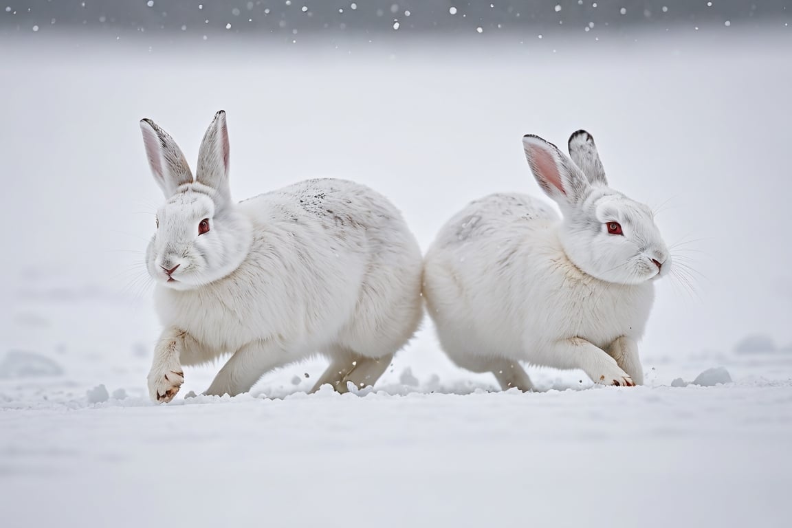 Perfectly white Arctic rabbits are running quickly across the snow field.
laughing, 
There is a blizzard so severe that visibility is obscured nearby.

close-up photography, Ultra-detailed, ultra-realistic, full body shot, Distant view