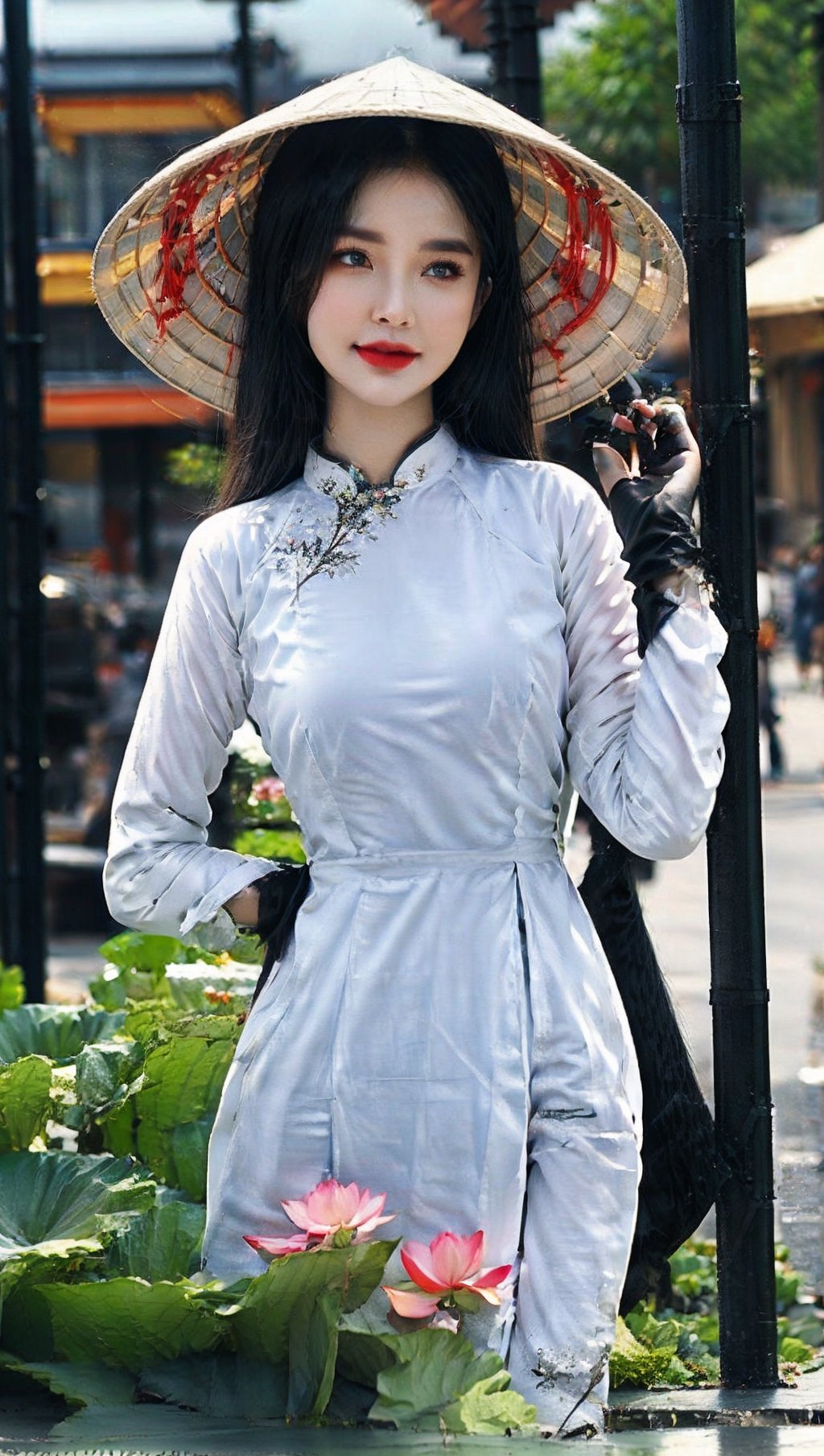 JinxLol,mature female,1girl, solo,looking at viewer, gloves, fingerless gloves, Ao Dai,Nón Lá, Nón, Leaf hats,
character name, looking at viewer, outdoors,lora:JinxLolEp8dim8:1, lora:JinxLol:1,Vietnamese Ao Dai, JeeSoo ,JeeSoo ,futureaodai,hat,vnbeauty