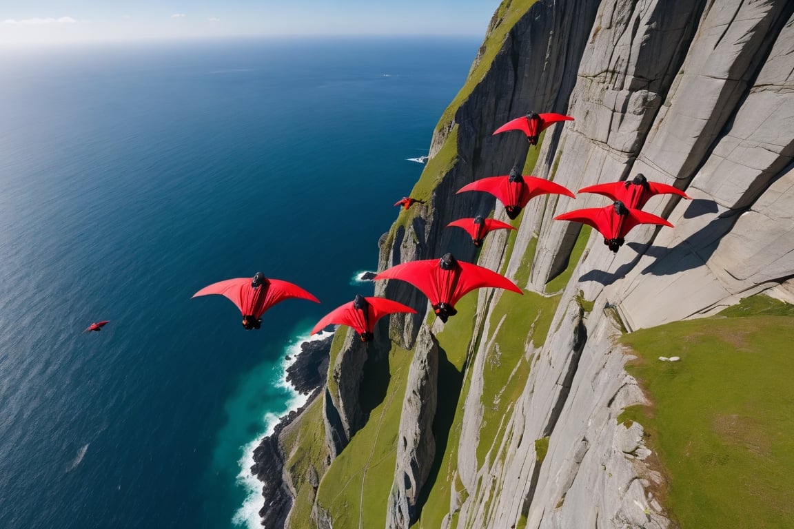 People flying between cliffs wearing wingsuits that extend from their backs to their arms like wings,  Wingsuit greatly af...