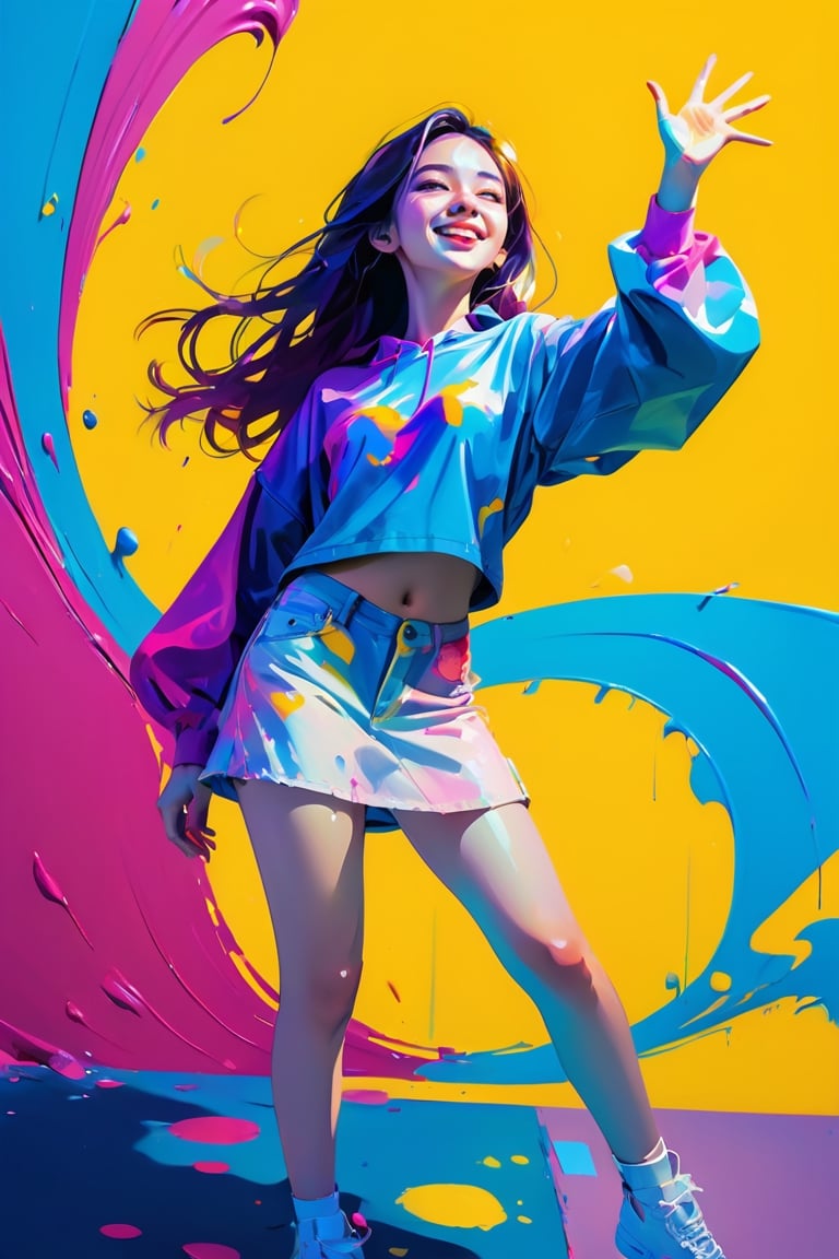 young girl, adolescent, energetic, joyous, selfie, outline, angle downwards, v shape hand pose, cute, adorable, sexy, dance, suggestive outfit, paint splash background, vibrant paint, high contrast, abstract, volumetric light, high quality, detailed, masterpiece,girl,xxmix_girl