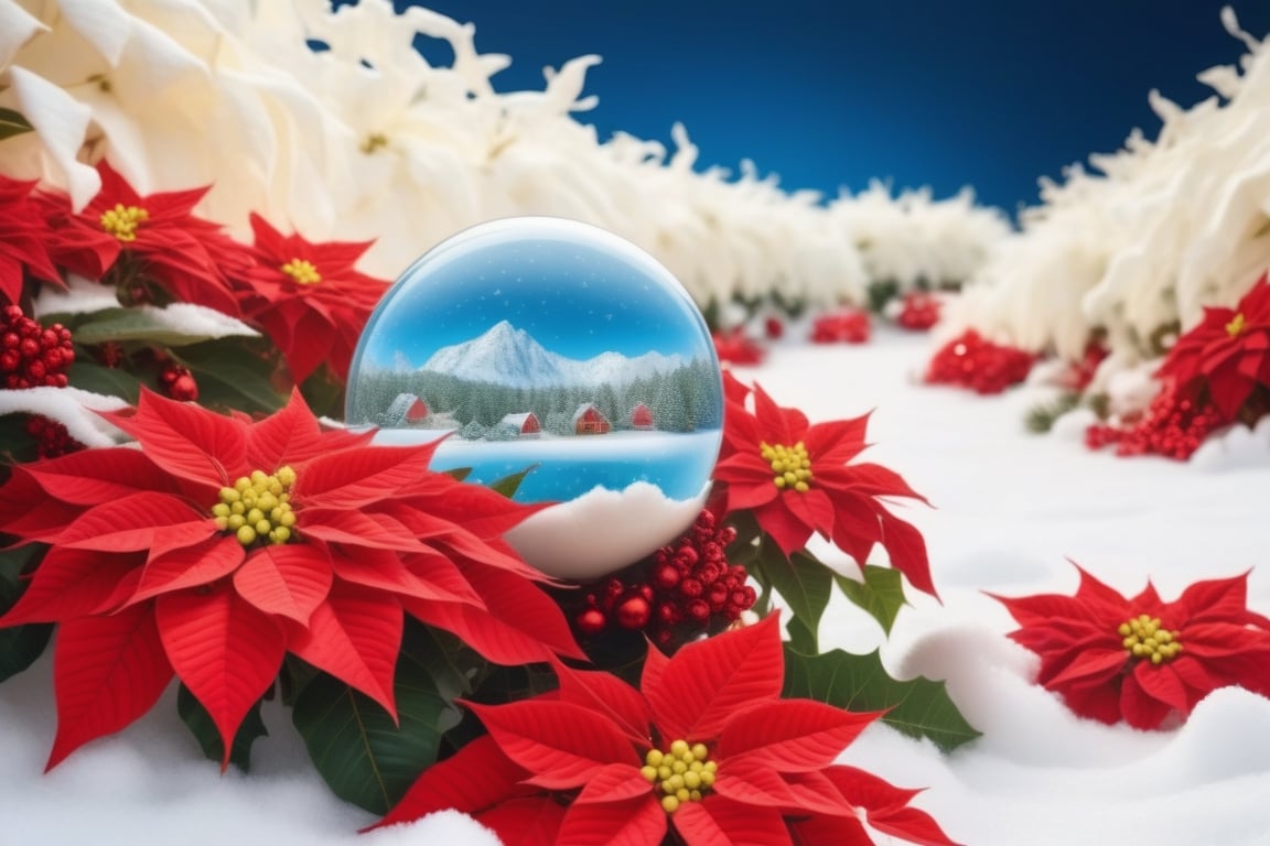 super fine illustration,masterpiece, best quality, finely detail, Depth of field, 4k, heavy snow christmas island in globe, heavy snow, red and white colors based, wallpaper,bluesky,wind,insanely detailed frills,extremely detailed lace,BLUE SKY,There are many scattered luminous petals,Hidden in the light yellow flowers,Depth of field, Many flying drops of water, angle ,contour deepening,cinematic angle ,{{{Classic decorative border}}},photo r3al,poinsettia,lofi