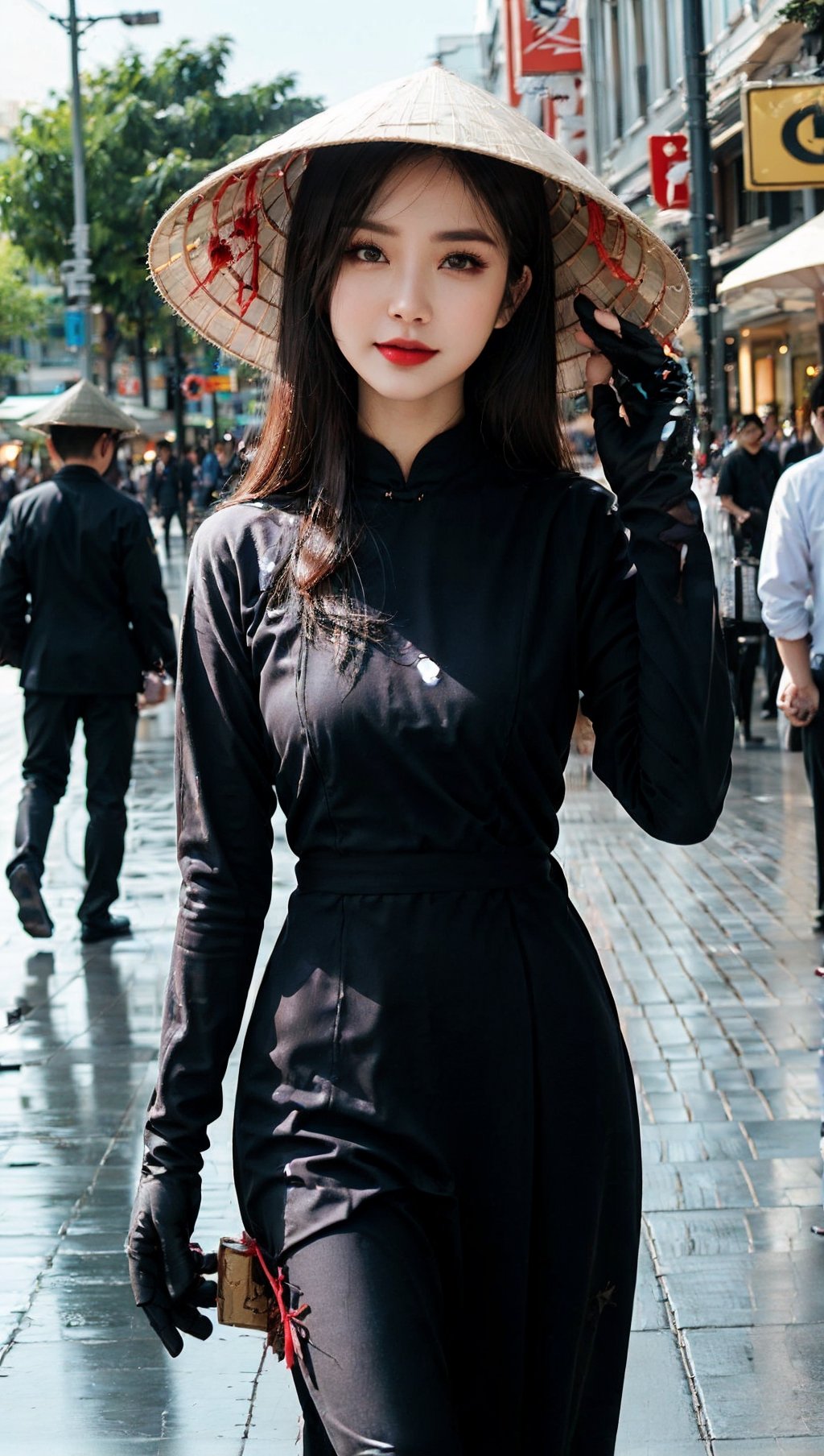 JinxLol,mature female,1girl, solo,looking at viewer, gloves, fingerless gloves, Ao Dai,Nón Lá, Nón, Leaf hats,
character name, looking at viewer, outdoors,lora:JinxLolEp8dim8:1, lora:JinxLol:1,Vietnamese Ao Dai, JeeSoo ,futureaodai,hat,vnbeauty,The background is Ho Chi Minh City's traveler's street.