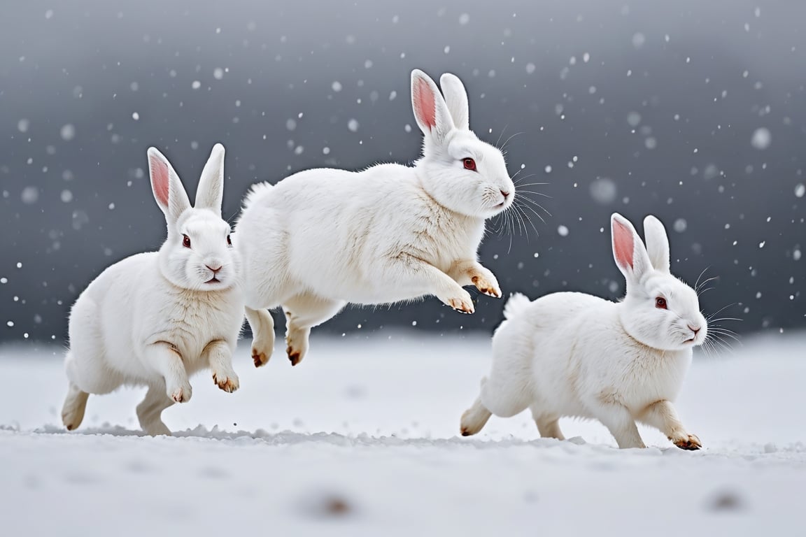 Perfectly white arctic rabbits jump.
laughing, 
There is a blizzard so severe that visibility is obscured nearby.

close-up photography, Ultra-detailed, ultra-realistic, full body shot, Distant view