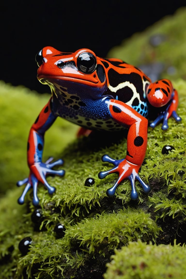 Lehmann's Poison Dart Frog, sitting on a mossy stone with flowing water, has a deep dark red background with its entire body, including its back and belly, with wide, black irregular spotted patterns like a band around the eyes and back.

Ultra close-up photography, Ultra-detailed, ultra-realistic,