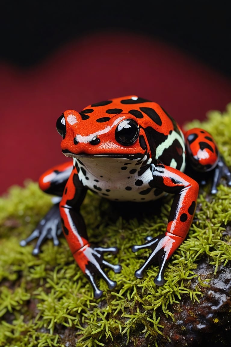 Lehmann's Poison Dart Frog, sitting on a mossy stone with flowing water, has a all deep dark red background with its entire body, including its back and belly, with wide, black irregular spotted patterns like a band around the eyes and back.

Ultra close-up photography, Ultra-detailed, ultra-realistic,