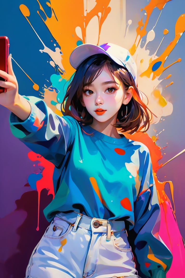 young girl, adolescent, energetic, joyous, selfie, taking selfie, phone camera app, outline, angle downwards, v shape hand pose, cute, adorable, sexy, suggestive outfit, paint splash background, vibrant paint, high contrast, abstract, volumetric light, high quality, detailed, masterpiece,girl,xxmix_girl