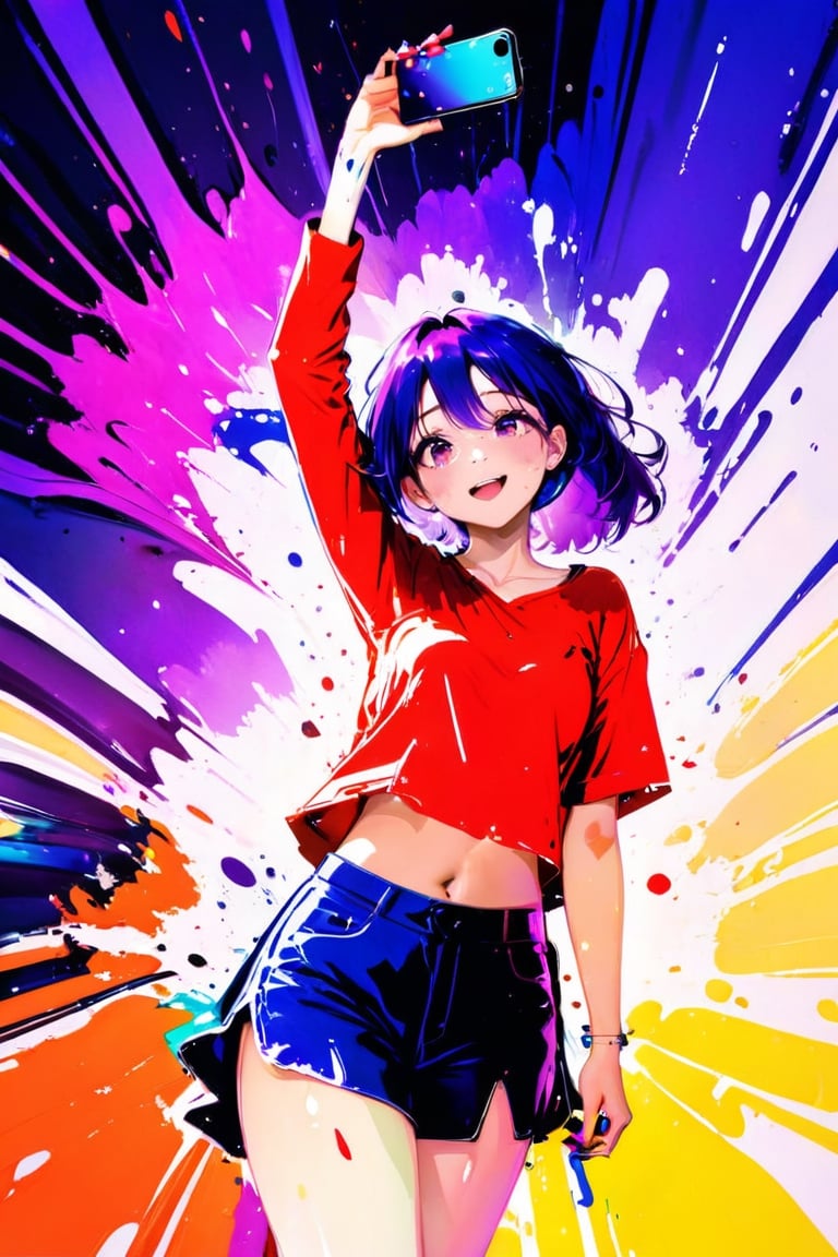 young girl, adolescent, energetic, joyous, selfie, taking selfie, phone camera app, outline, angle downwards, v shape hand pose, cute, adorable, sexy, suggestive outfit, paint splash background, vibrant paint, high contrast, abstract, volumetric light, high quality, detailed, masterpiece