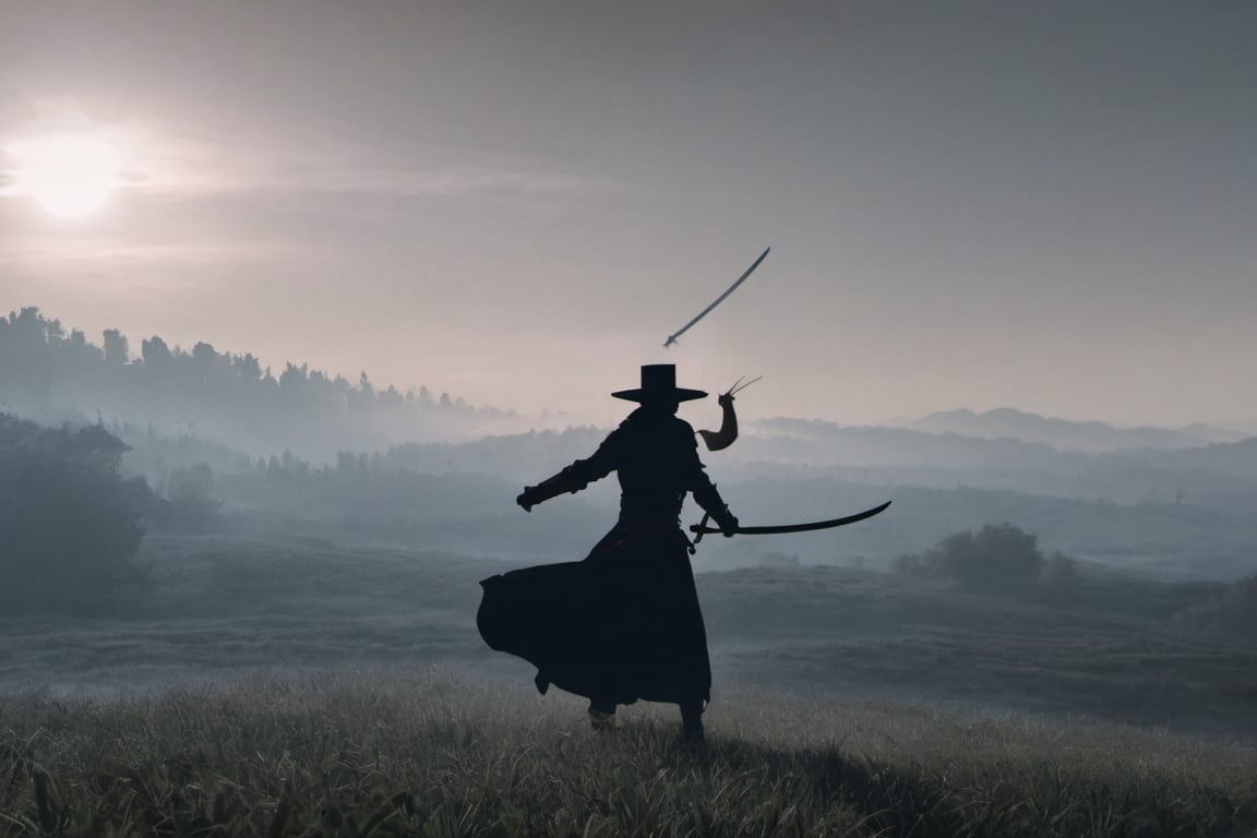 ((Silhouette:1.9)). it's too dark, little light. ((About 10 Assassins1.8)),((A swordsman wearing a wide-brimmed hat and masked About 10 assassins:1.8, crescent moon, grass. Two swordsmen are fighting among the long grass in a meadow with a crescent moon as thin as an eyebrow on a very pitch-black night in all directions1.8)). ((A swordsman flies into the air, wraps his hands around the handle of his sword, and makes a 45-degree downward slash motion. Another swordsman is making an urgent move to block the sword of another swordsman coming down1.5)). jump up and slash the sword. About 10 Assassins surround them.
There is a bit of fog around, reflecting the blue light of the black crescent moon of the swordsman striking, showing even more urgency.
((Silhouette:1.9)), distant view, 8K, gloomy, solemn, urgent, scary, speed, birds flying away in surprise,Sketch,Storyboard