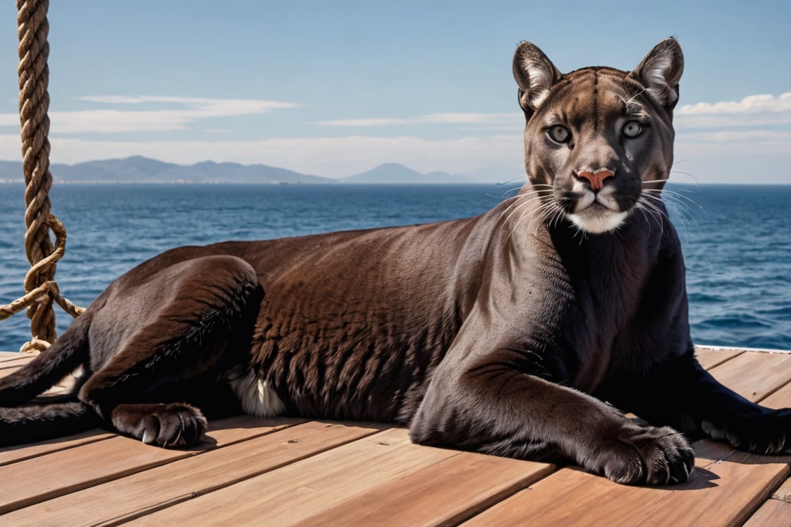 A black cougar wearing a harness is relaxing on the deck of a large power yacht with her front paws resting on her chin.
(((Perfectly black puma: 2.0))), 


best quality, masterpiece, photorealistic,  highres, Ultra-detailed, ultra-realistic, ultra-clear, very Distant view.,Ivi