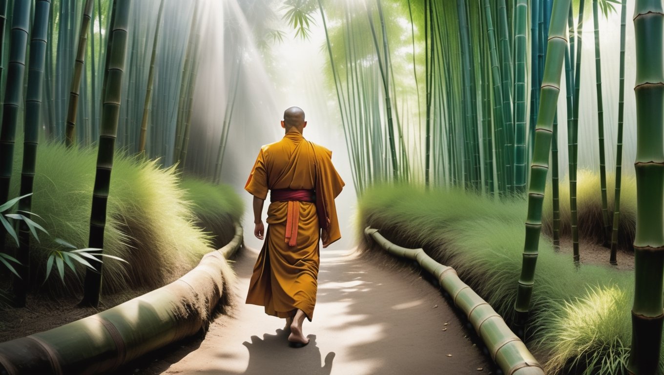 In a lush green bamboo forest,  a monk swiftly passes through,  his eyes brimming with hope. The camera follows his every...