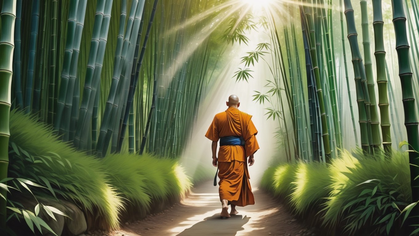 In a lush green bamboo forest,  a monk swiftly passes through,  his eyes brimming with hope. The camera follows his every...