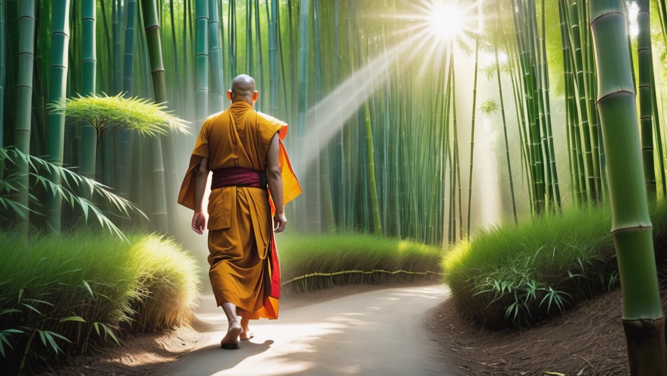 In a lush green bamboo forest,  a monk swiftly passes through,  his eyes brimming with hope. The camera follows his every...