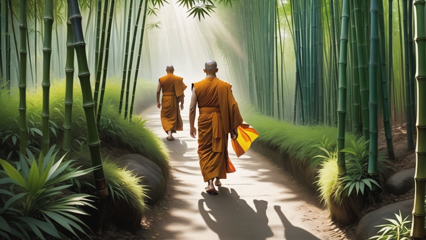 In a lush green bamboo forest,  a monk swiftly passes through,  his eyes brimming with hope. The camera follows his every...